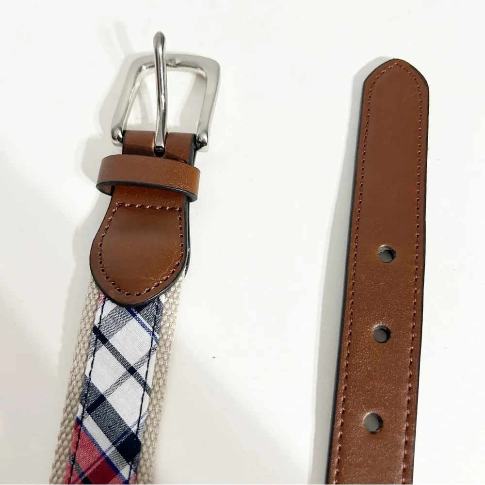 Unbranded Faux Leather and Plaid on Cotton Canvas Webbed Belt Square Belt Buckle